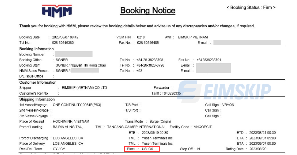 mẫu khai Block code tuyến US và Canada