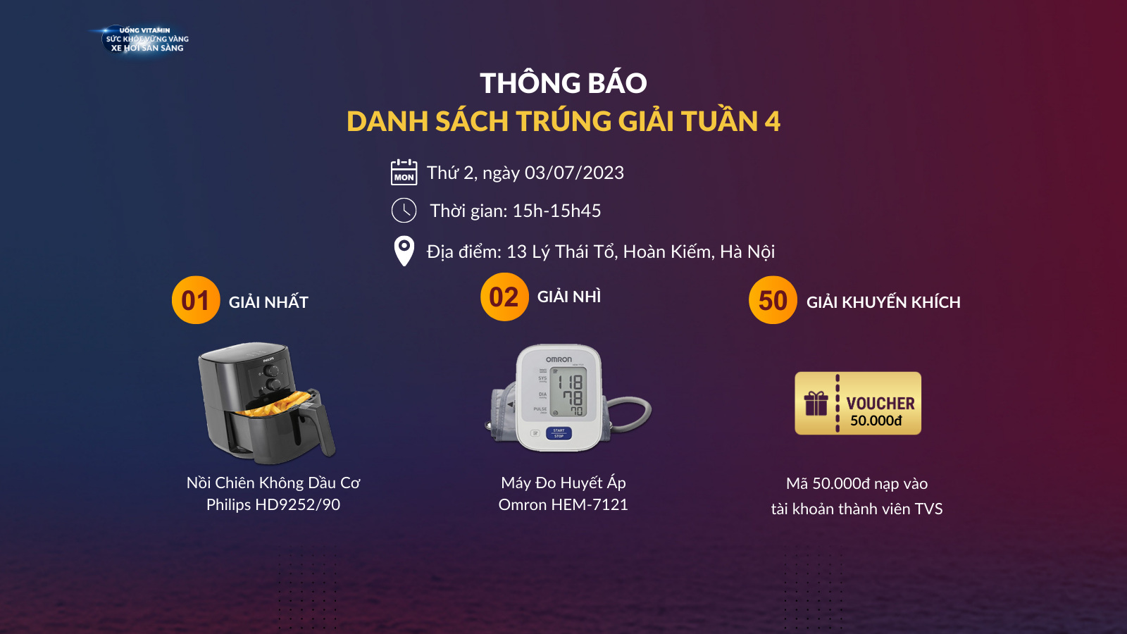 [Thông báo] Danh sách khách hàng trúng giải tuần 4 chương trình Uống Vitamin Sức khỏe vững vàng Xe hơi sẵn sàng