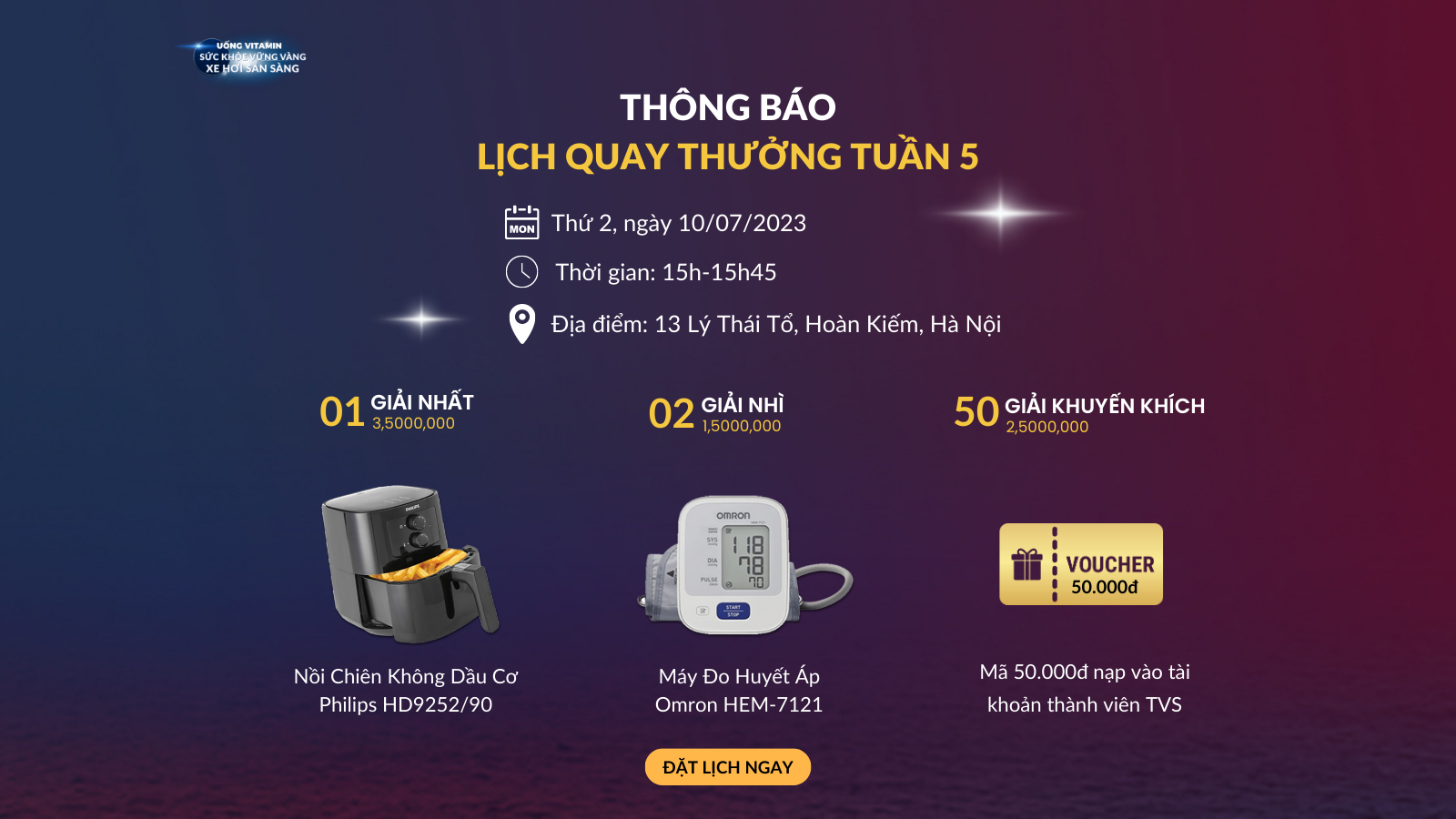 [THÔNG BÁO] LỊCH QUAY THƯỞNG TUẦN 5 CHƯƠNG TRÌNH UỐNG VITAMIN SỨC KHỎE VỮNG VÀNG XE HƠI SẴN SÀNG
