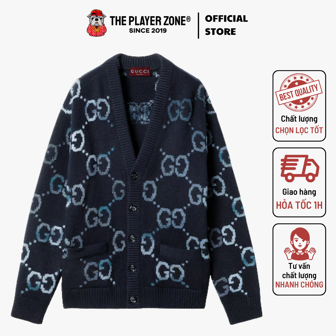 Áo Cardigan Gucci Wool GG intarsia in grey - Navy