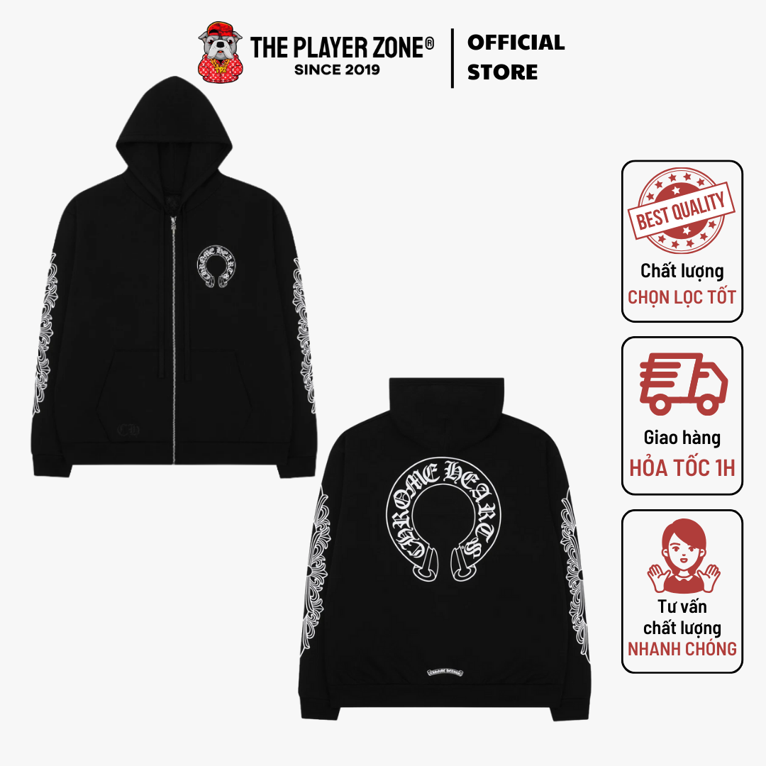 Áo Khoác Chrome Hearts Horseshoe Floral Heavyweight Zip-Up Hoodie - Black