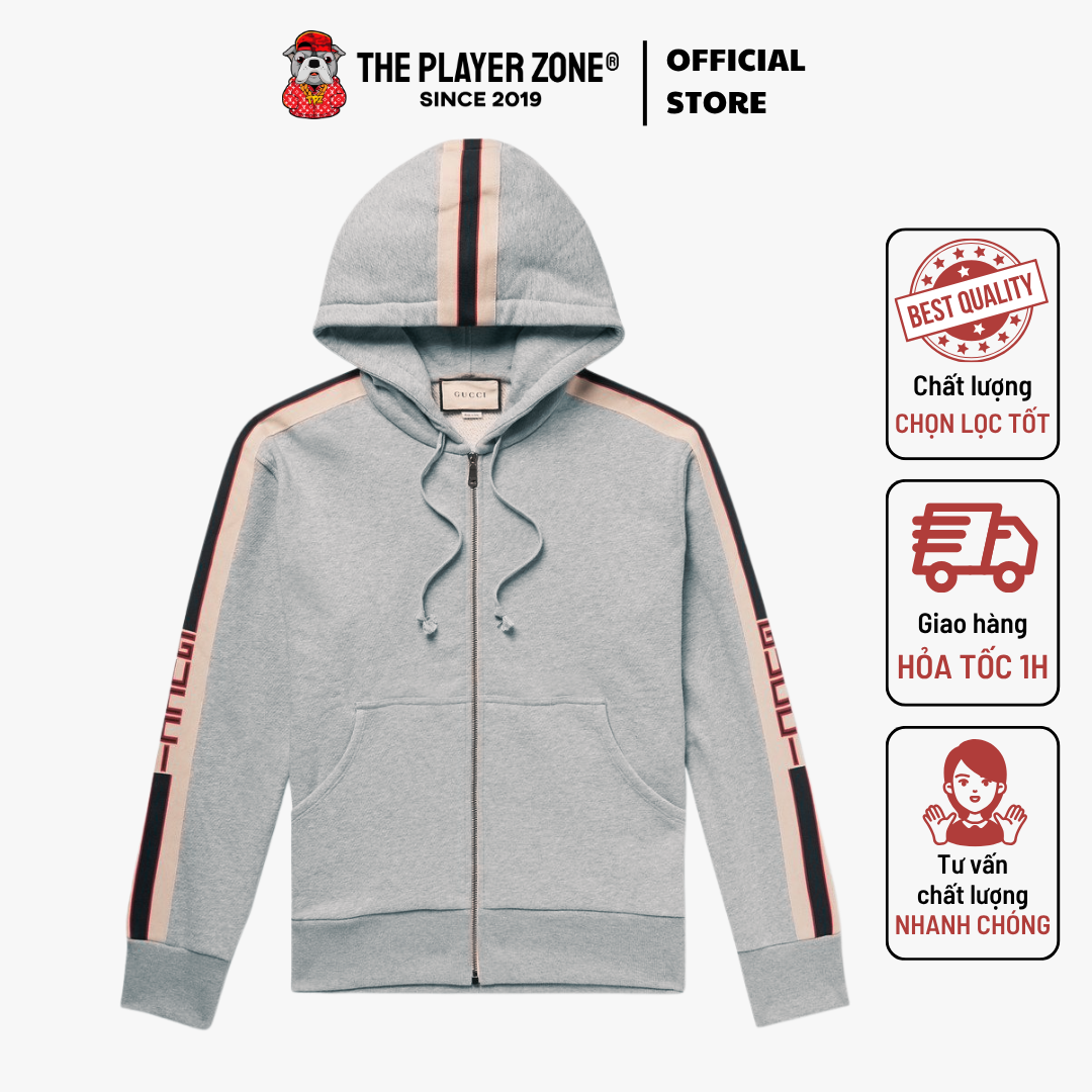 Áo Khoác Hoodie Gucci Zip-up Sweatshirt With Stripe in Grey for Men - Grey