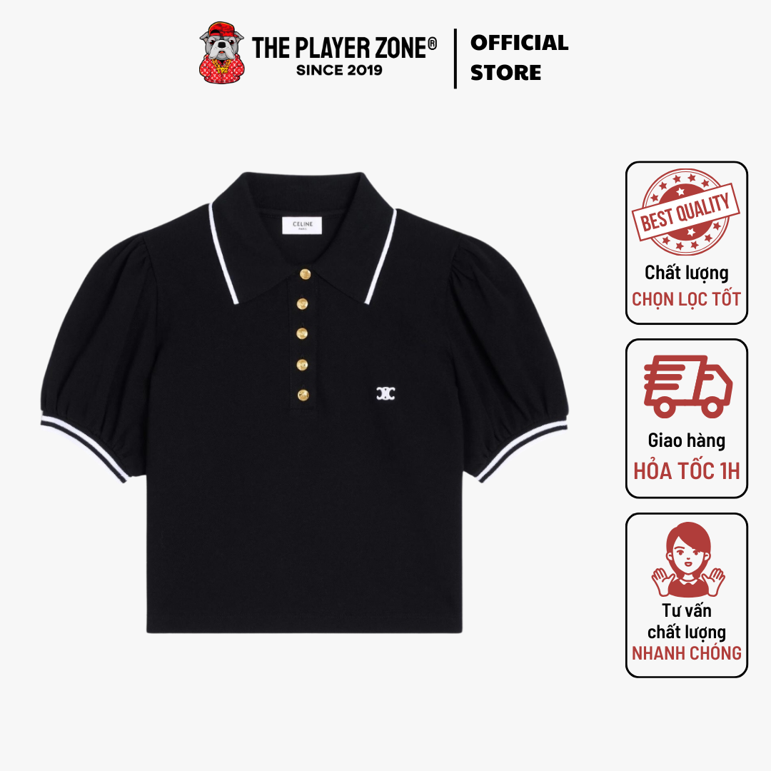 Áo Polo Celine Cropped Triomphe Polo Shirt In Cotton Pique - Black