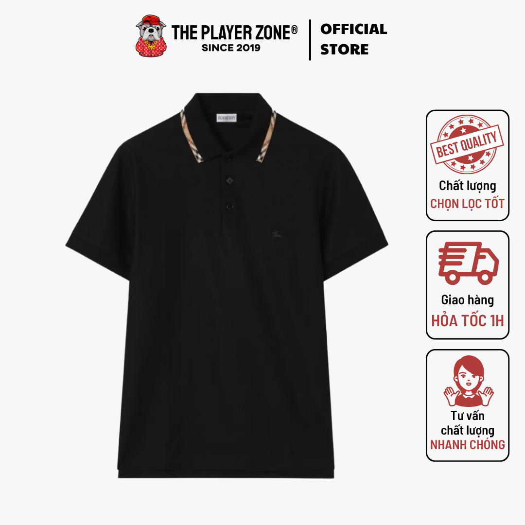 Áo Polo Check Trim Cotton In White With Logo - Đen