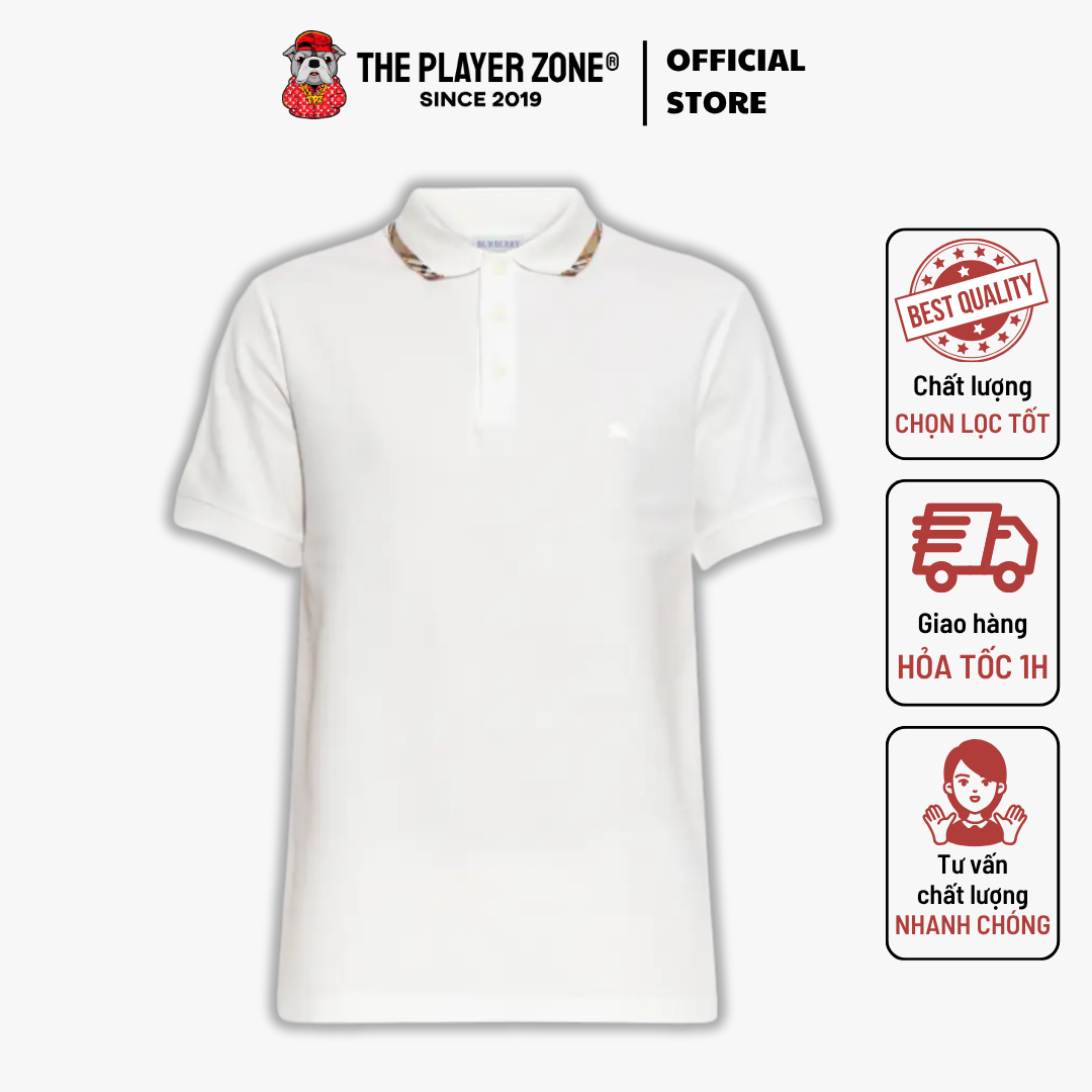 Áo Polo Check Trim Cotton In White With Logo - Trắng
