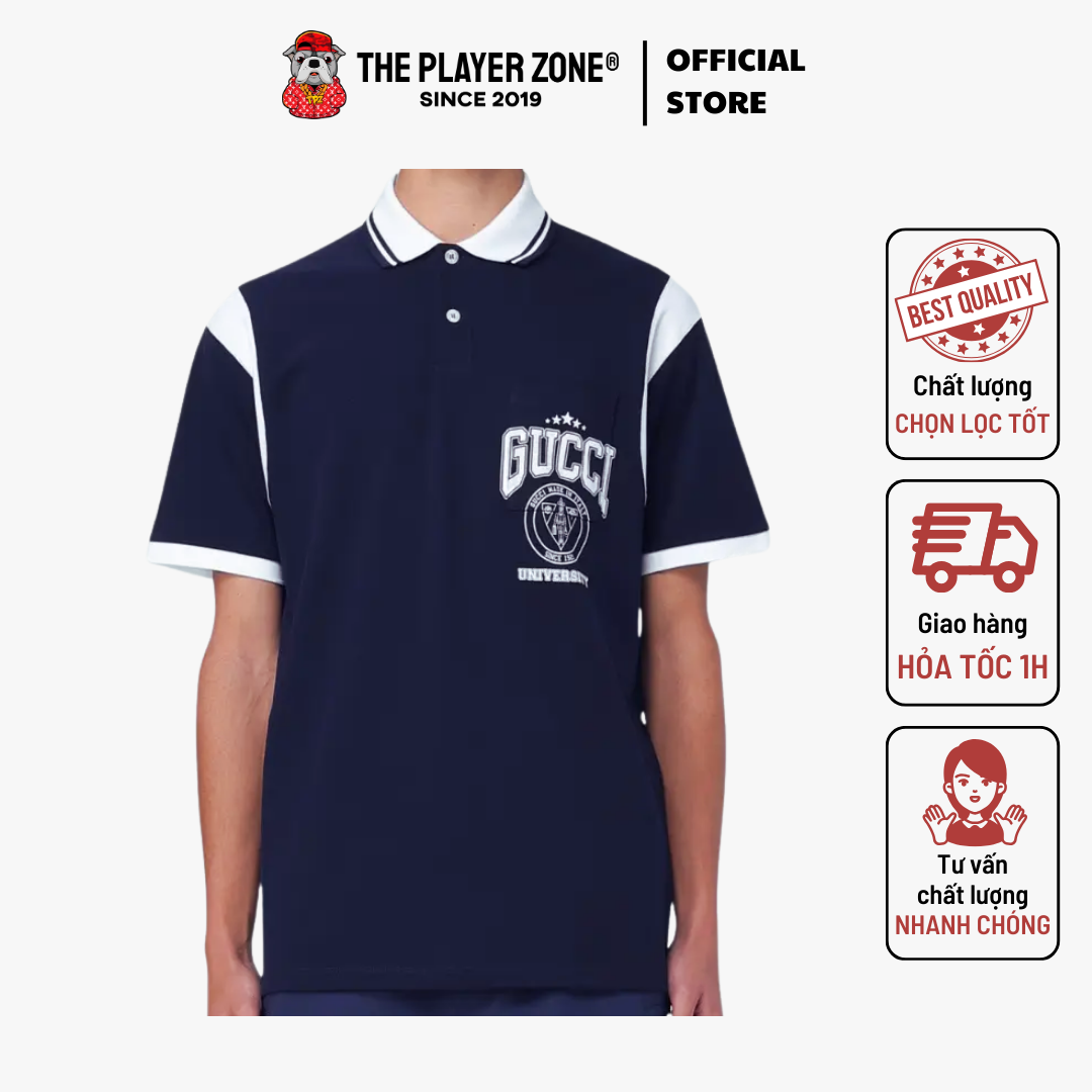 Áo Polo Gucci Cotton Piquet With Print - Navy