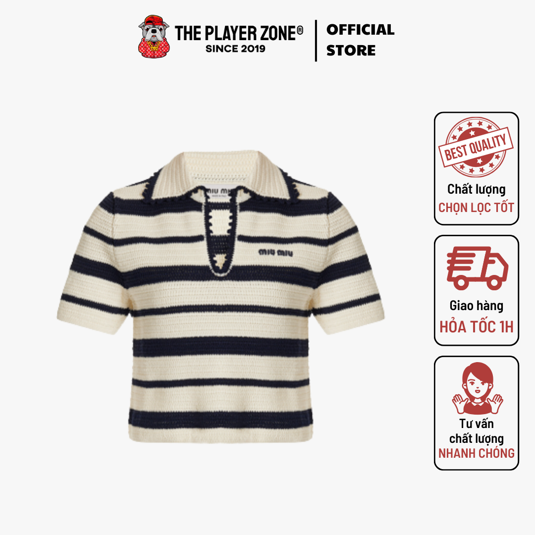 Áo polo Miu Miu Gestricktes Poloshirt Mit Streifen - Trắng