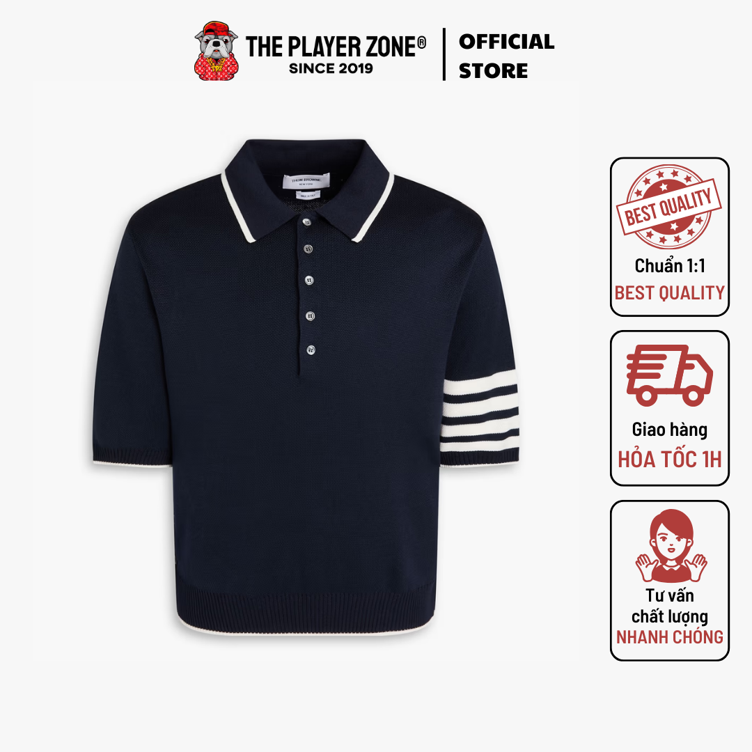 Áo Polo Thom Browne Birdseye Jacquard 4-Bar Short Sleeve - Navy