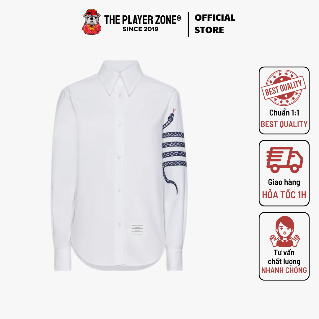 Áo Sơ Mi Thom Browne Easy Fit Point Collar Shirt W_ Radial Cornelly And Satin Stitch Snake In Oxford - White