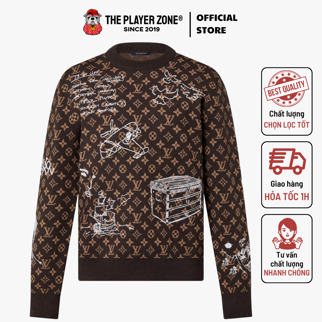 Áo Sweater LV Louis Vuitton Monogram Embroidered Wool Crewneck - Nâu