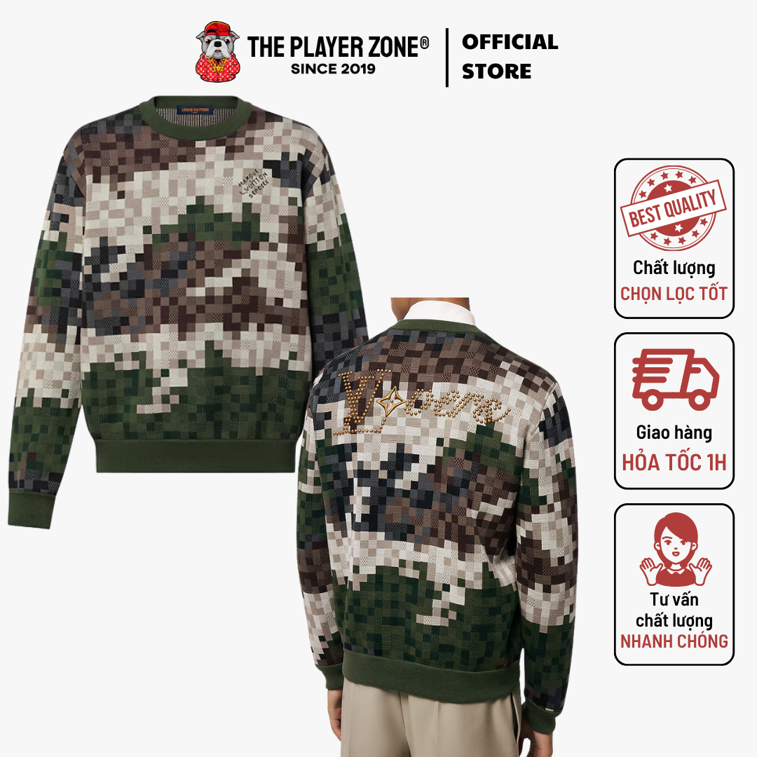 Áo Sweater LV Louis Vuitton Pulôver em Jacquard de Algodão Damier - Green