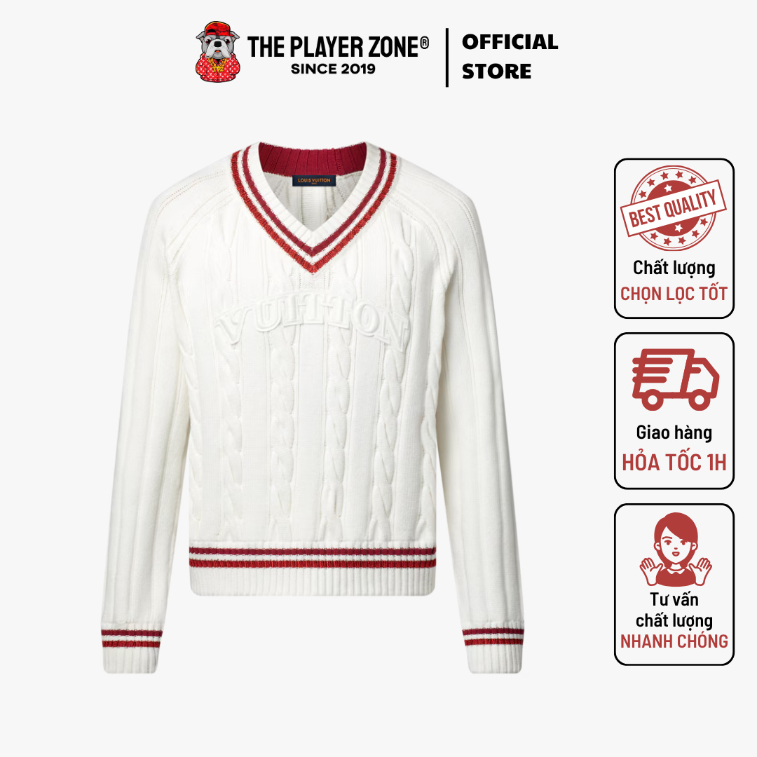 Áo Sweater LV Preppy V-Neck Cable Pullover - White