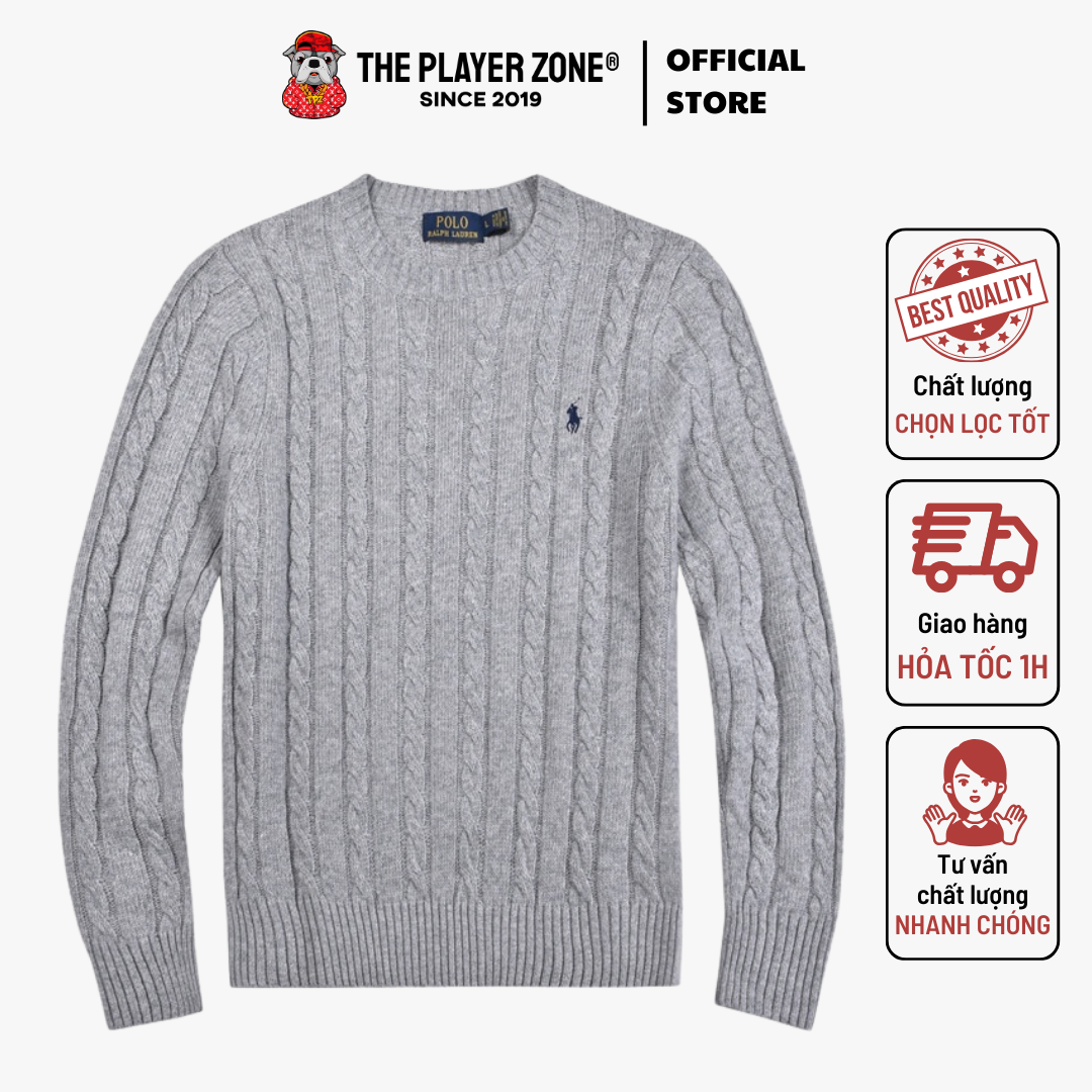 Áo Sweater Polo Ralph Lauren RaCable Knit Wool Cashmere (Logo Navy) - Gray