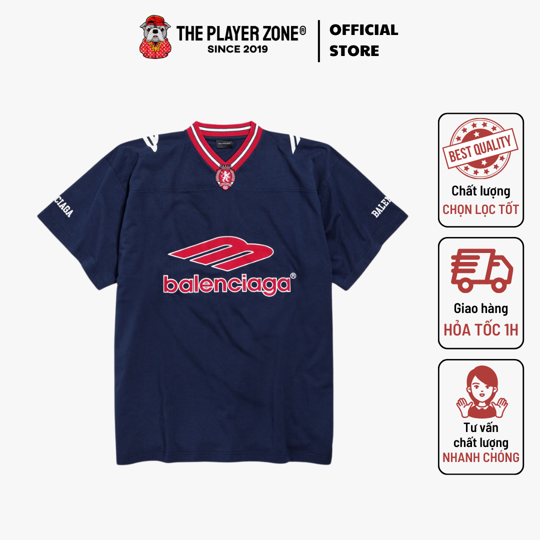 Áo thun Balenciaga Men's 3b Football V-neck T-shirt Oversized in Dark Navy_red