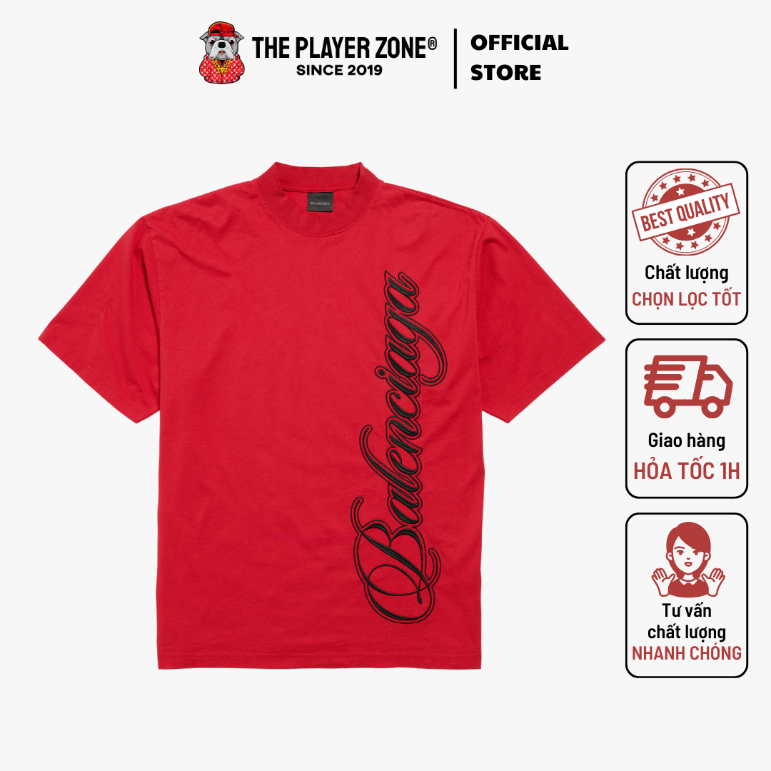 Áo Thun Balenciaga Men's Cursive T-shirt Medium Fit - Đỏ