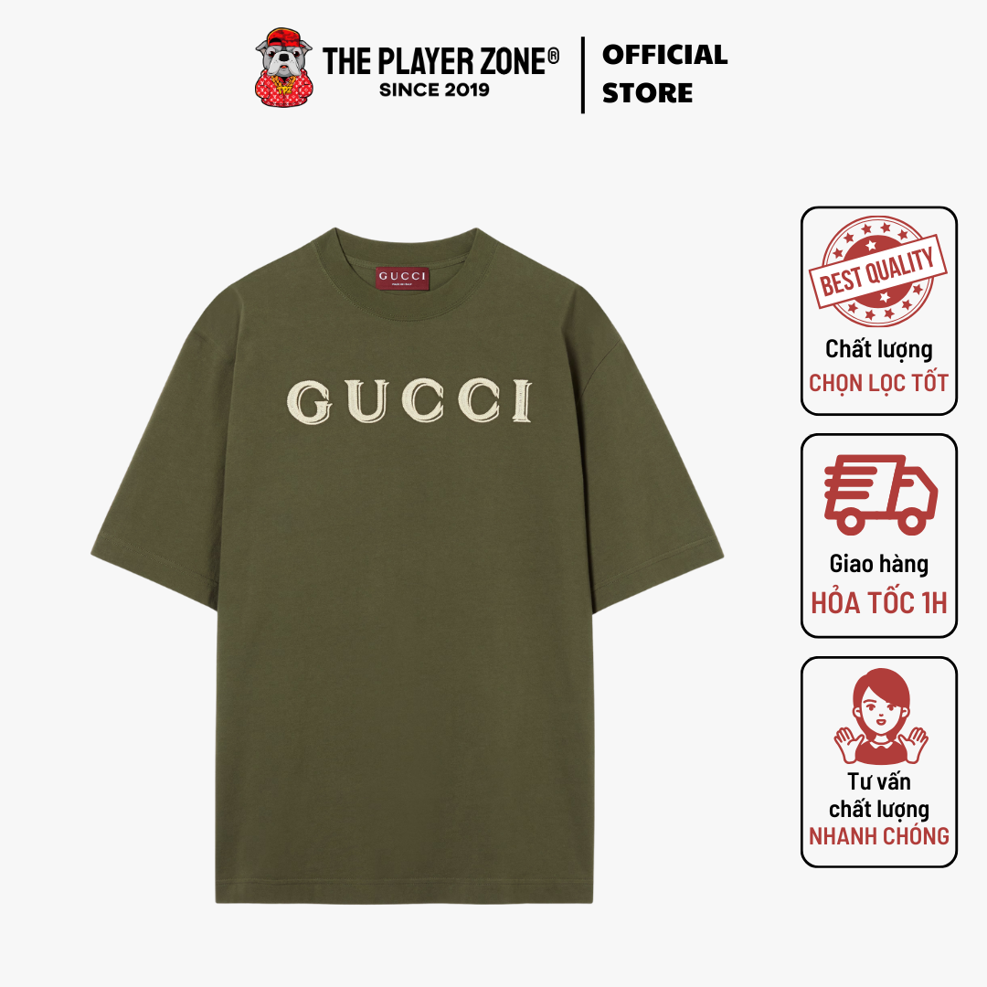 Áo Thun Gucci Cotton jersey T-shirt with embroidery in forest - green