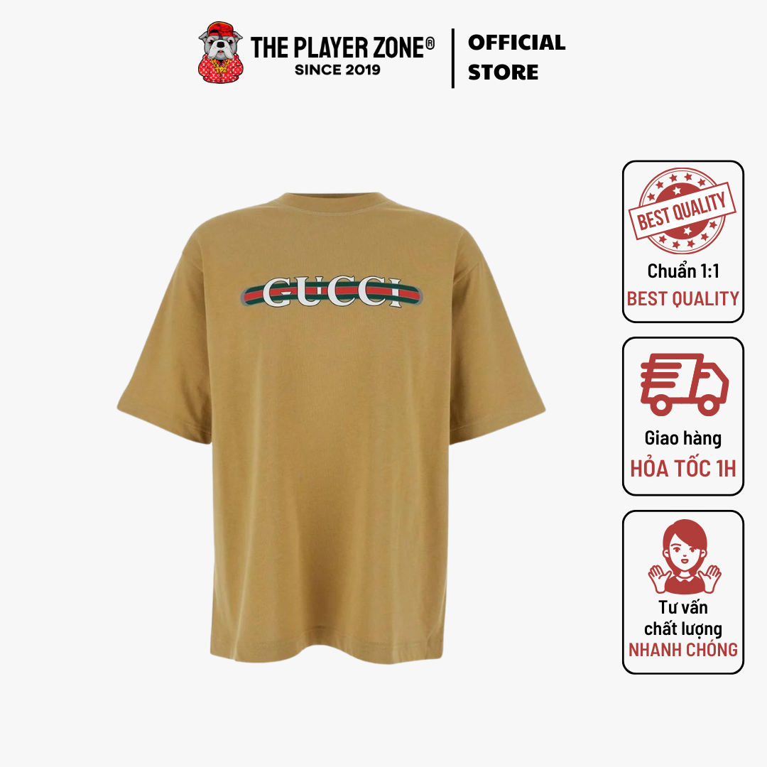 Áo Thun Gucci Crewneck T-Shirt With Logo Lettering And Web Detal On The Natural - Beige