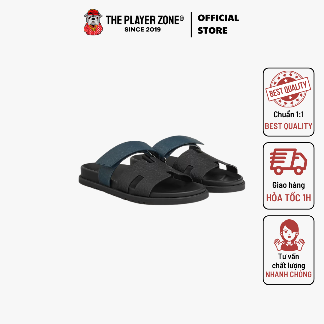 Dép Hermes Chypre Sandal Epsom - Bleu Canard/Black