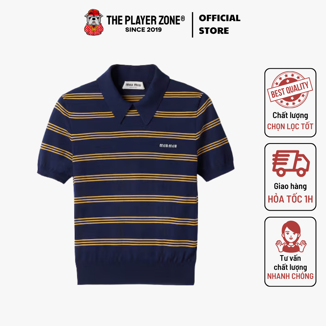 Polo Miu Miu Striped Cashmere And Silk - Navy