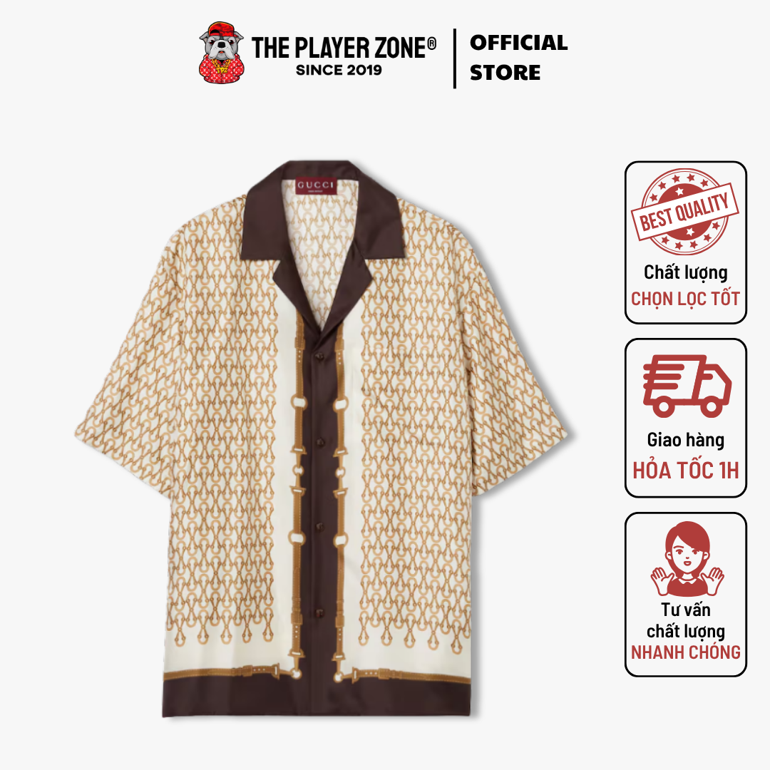 Áo Sơ Mi Printed silk twill bowling shirt -  beige