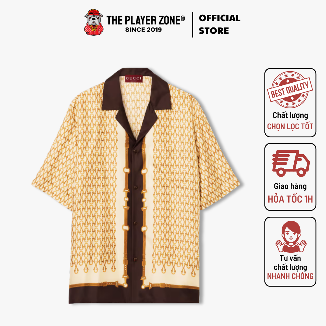 Áo Sơ Mi Printed silk twill bowling shirt -  beige