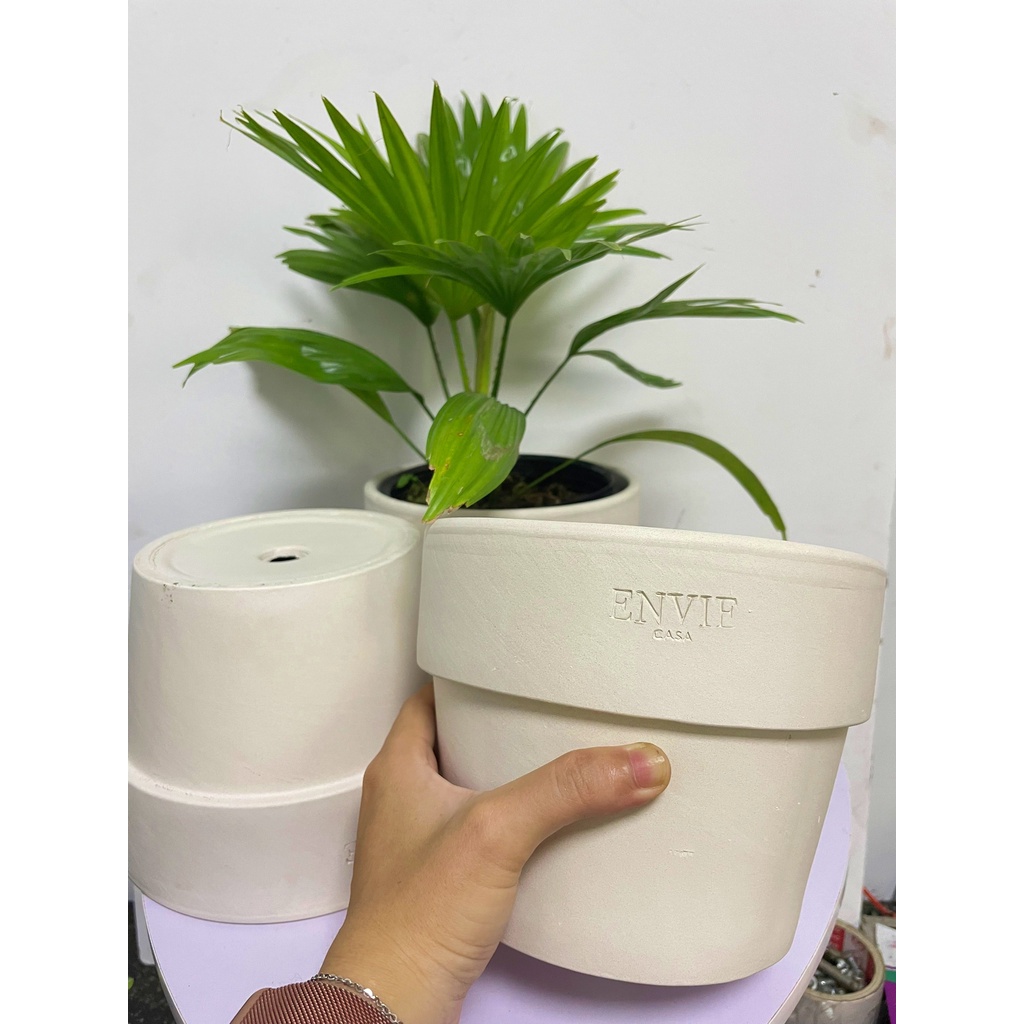 CHẬU ĐẤT NUNG TRẮNG TRÒN GỜ LỚN ENVIE (18*14cm) hàng Xuất khẩu, (1 chậu), trồng cây, trang trí nội thất, Cây Tươi Nguyên