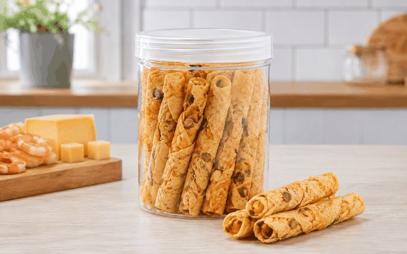 Hũ nhựa đồ khô đựng bánh tráng cuộn phô mai tôm