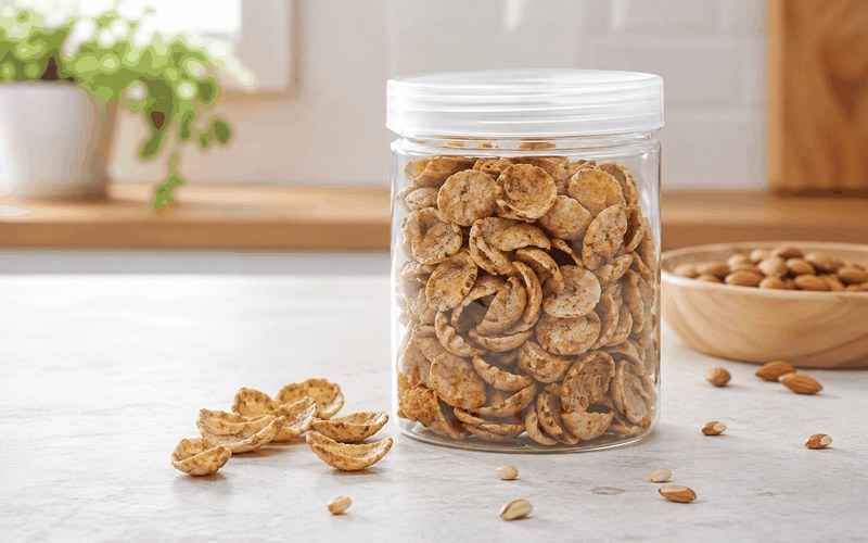 Bánh thuyền ngũ cốc đựng trong hũ nhựa đồ khô trong suốt