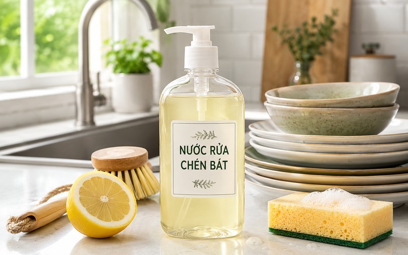 Nước rửa bát sinh học tự làm từ chanh đựng trong chai có vòi nhấn