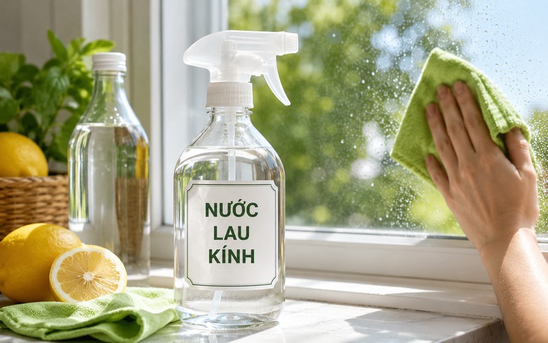 Nước lau kính bằng giấm đựng trong chai xịt dùng để vệ sinh cửa kính
