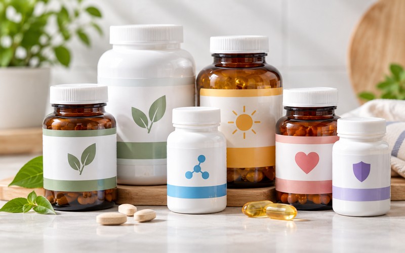 Các lọ bao bì dùng cho vitamin và thực phẩm bổ sung