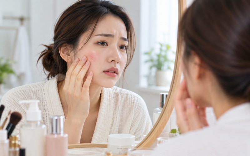 Người dùng quan sát vùng da mặt bị đỏ và kích ứng sau khi dùng mỹ phẩm