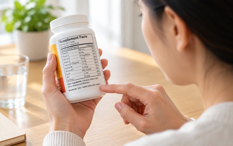 Người đọc thành phần và liều dùng trên lọ vitamin tổng hợp