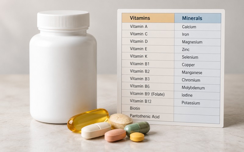 Lọ vitamin tổng hợp và nhãn thành phần vitamin khoáng chất