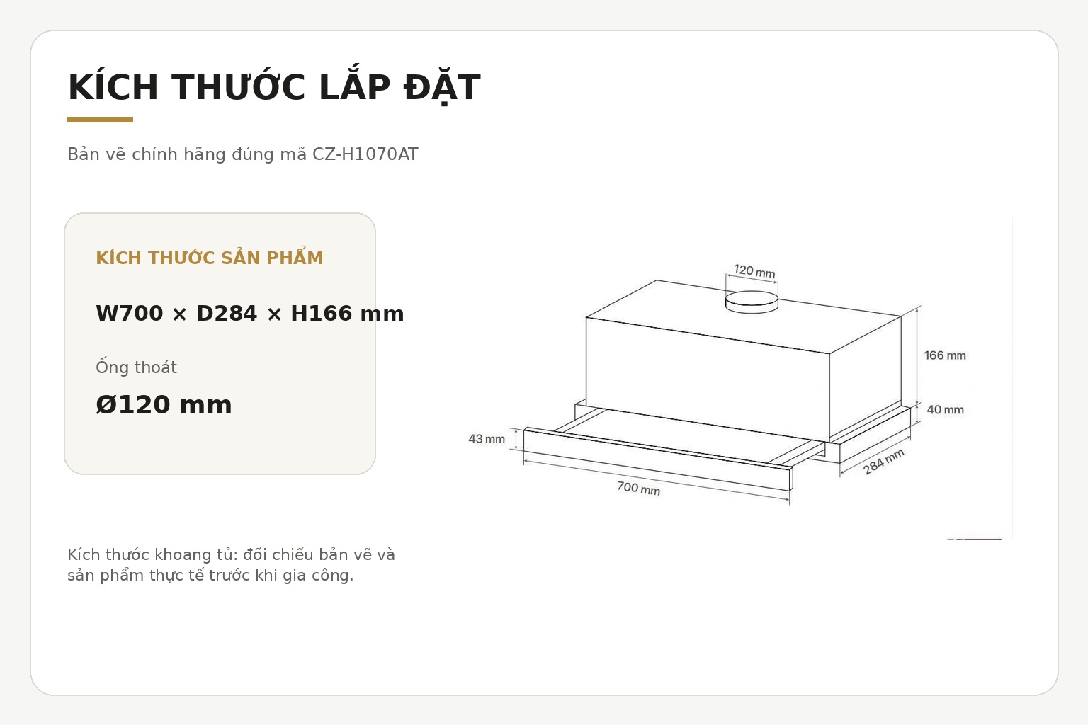 Bản vẽ chính hãng đúng mã CZ-H1070AT dùng để xác định kích thước thiết bị, hành trình kéo rút, khoang tủ và vị trí đường ống Ø120 mm.