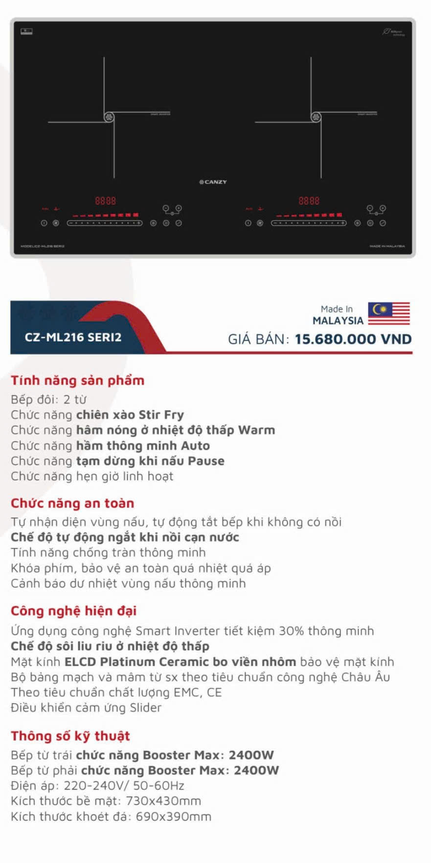 2 vùng nấu từ độc lập trên bếp Canzy CZ ML216 Seri 2