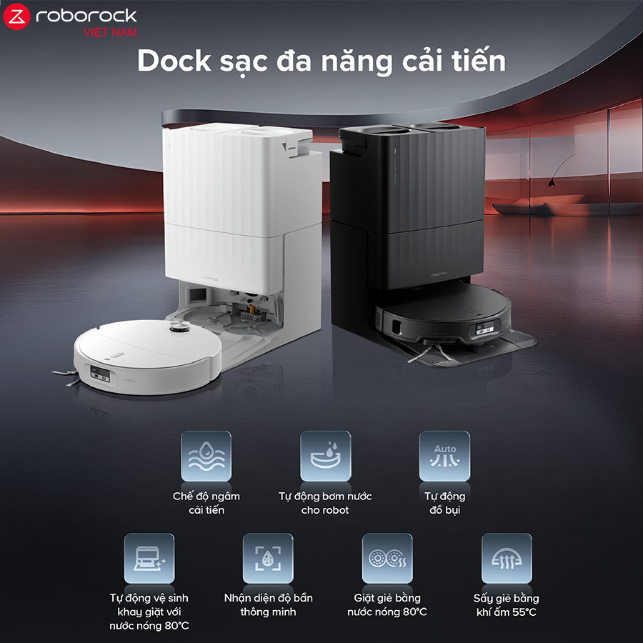 Dock sạc đa năng tự động giặt sấy giẻ, đổ rác, nâng tầm tiện ích