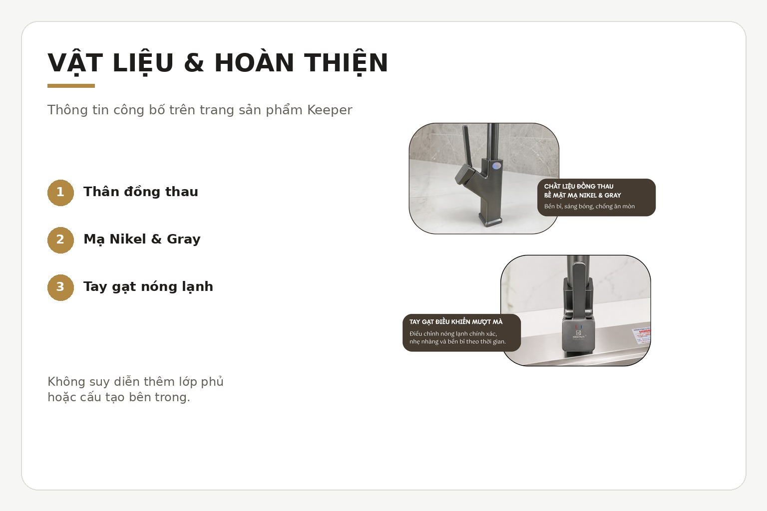 Thân vòi bằng đồng thau kết hợp lớp hoàn thiện màu xám tạo vẻ ngoài hiện đại cho khu vực chậu rửa.