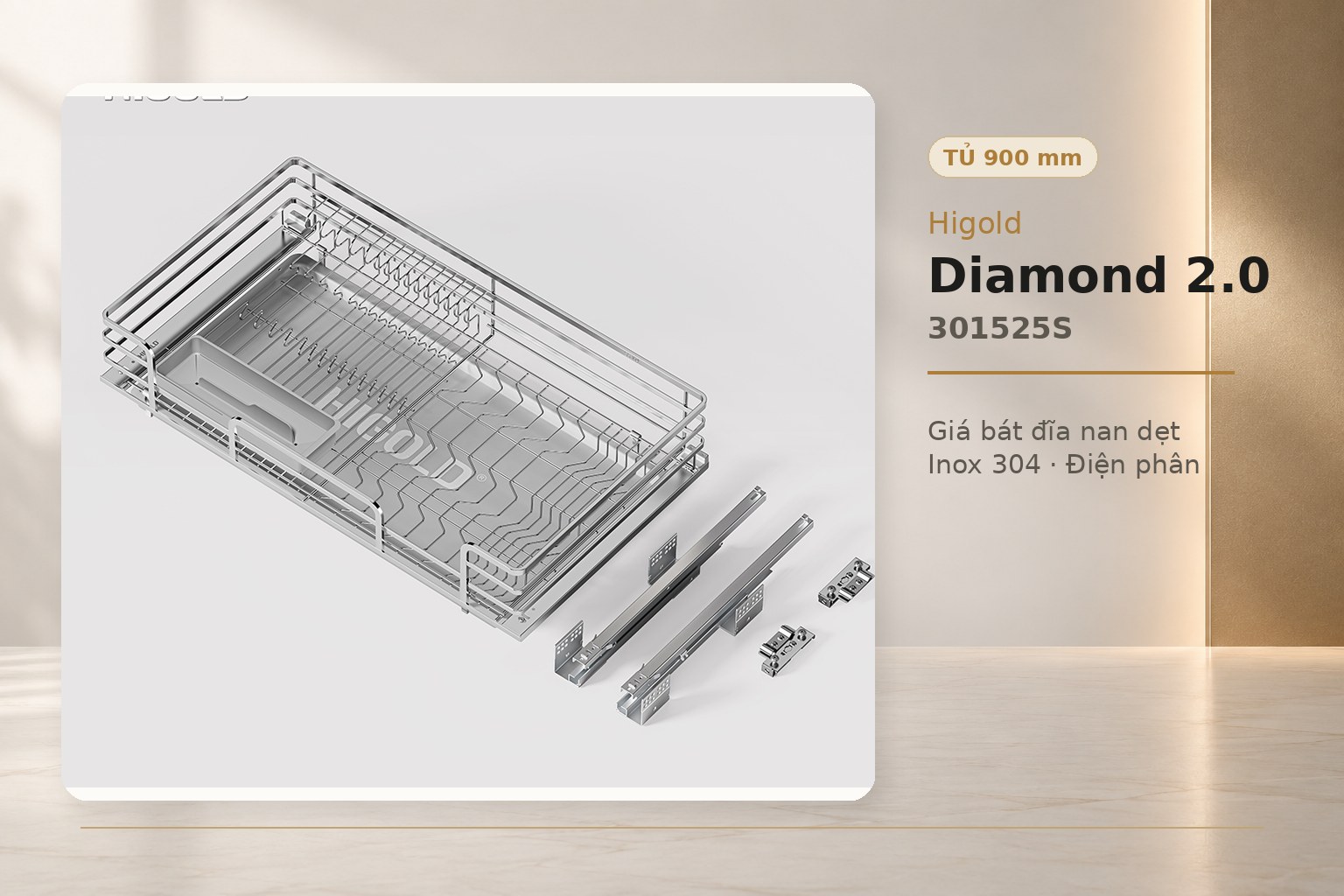 Giá bát đĩa Higold Diamond 2.0 301525S được thiết kế cho tủ bếp dưới rộng 900 mm.