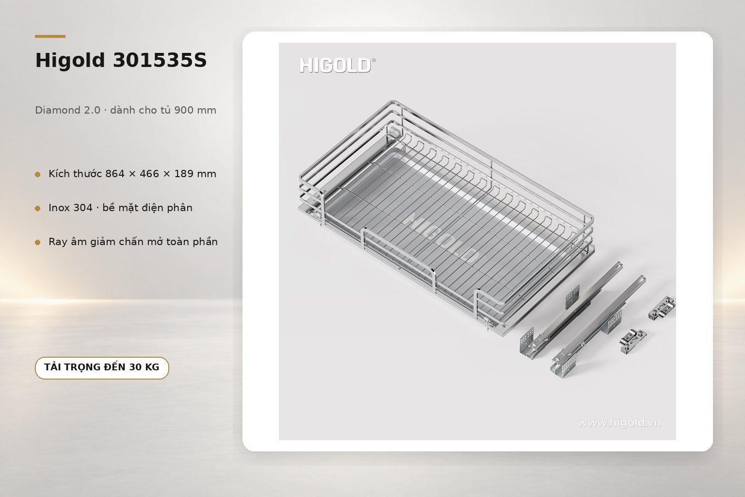 Higold 301535S Diamond 2.0 là giá đựng xoong nồi nan dẹt dành cho tủ bếp dưới rộng 900 mm.