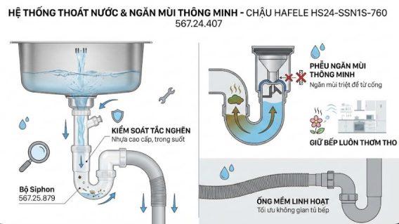 Bộ xả rộng và siphon thông minh – thoát nước nhanh, ngăn mùi, dễ vệ sinh, tiết kiệm không gian