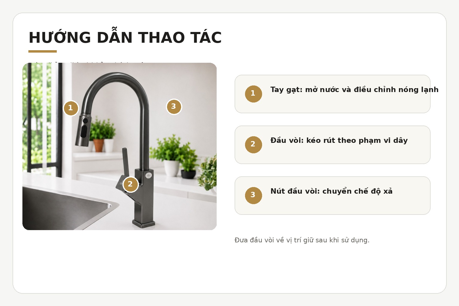 Minh họa cách điều chỉnh nước nóng – lạnh, kéo đầu vòi và chuyển đổi giữa dòng nước tập trung với tia sen.