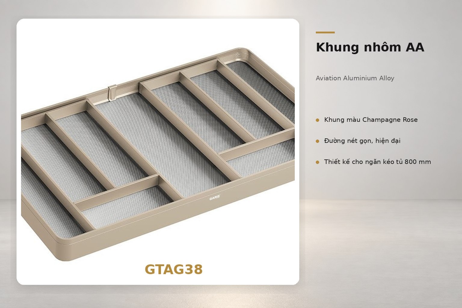 Khung nhôm hàng không AA kết hợp màu Champagne Rose tạo diện mạo gọn gàng cho ngăn kéo tủ bếp.