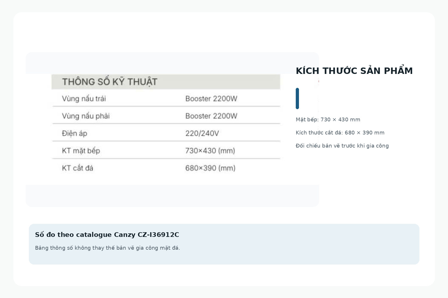 Bản vẽ đúng model giúp kiểm tra mặt bếp 730 × 430 mm và kích thước cắt đá 680 × 390 mm trước khi thi công.