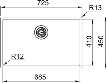 Bản vẽ kích thước BXM 210/110-68: tổng thể R725 × S450 mm, lòng chậu R685 × S410 × C200 mm.