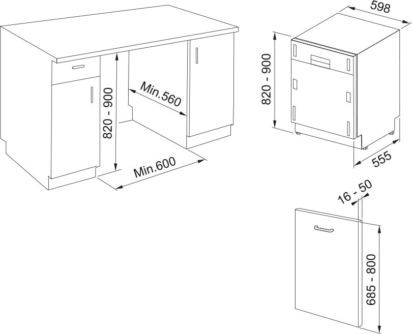 Kích thước sản phẩm R598 × S555 × C820 mm cần được đối chiếu với khoang tủ trước khi sản xuất.