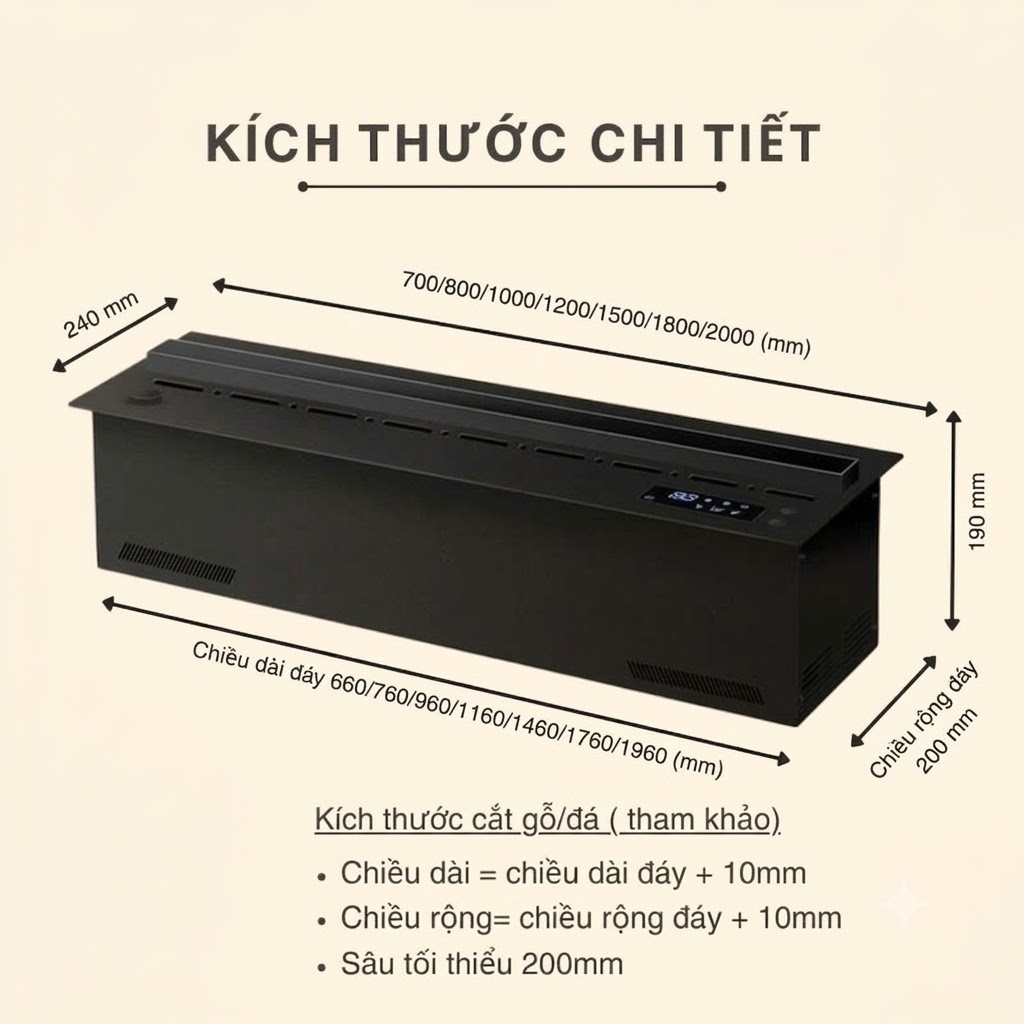 Sơ đồ kích thước chi tiết lò sưởi điện trang trí