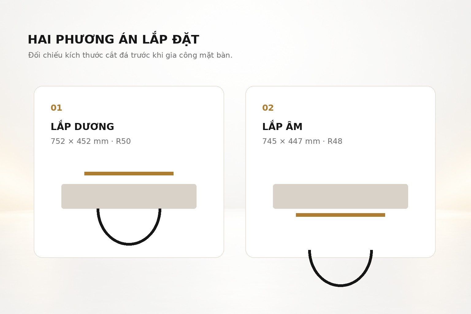 XLG7848CTS có kích thước cắt đá riêng cho phương án lắp dương và lắp âm mặt bàn.