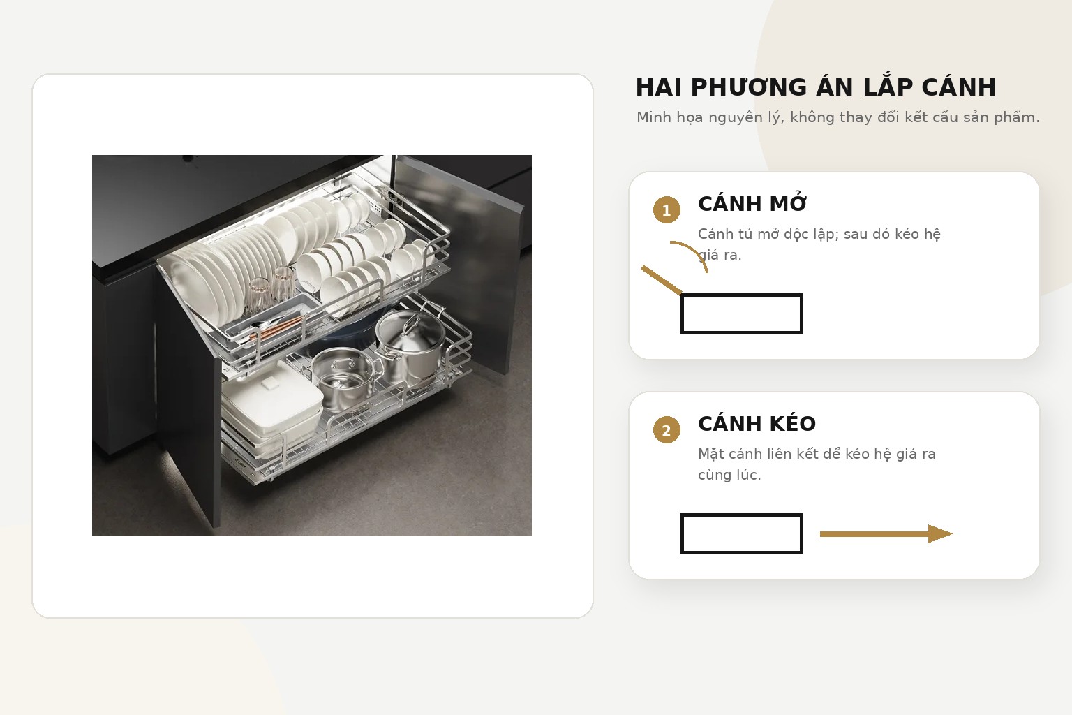 Higold 301524S có thể được bố trí với cánh mở hoặc cánh kéo khi sử dụng đúng phụ kiện và phương án lắp đặt.