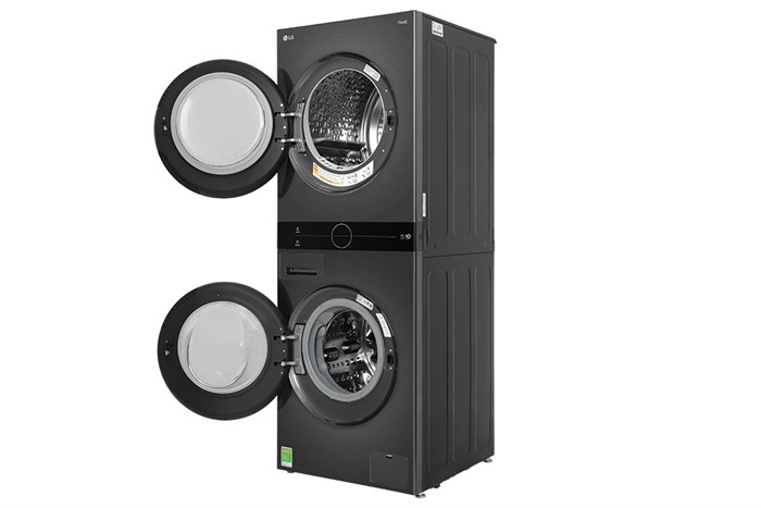 LG WashTower WT1410NHB thiết kế một khối tích hợp máy giặt và máy sấy, bảng điều khiển trung tâm